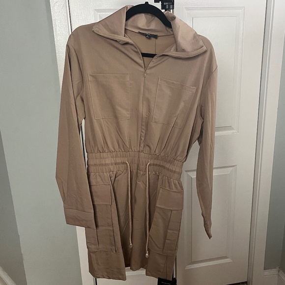 Lulus Versatile Energy Khaki Mock Neck Long Sleeve Utility Mini Dress Brown S - Picture 5 of 8